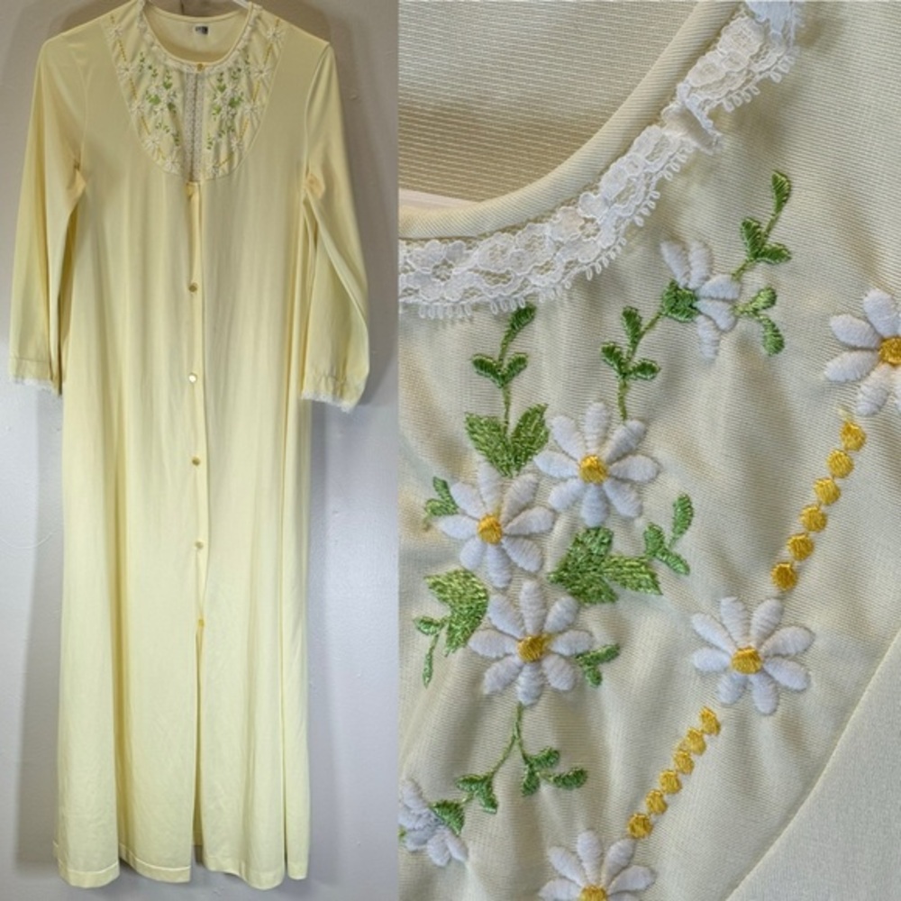 vintage night down yellow floral embroidery USA made full length nightie nylon